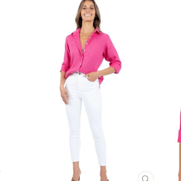 CAMIXA Linen-Cotton Blend Button-Up Shirt | XS | Hot Pink - Picture 3 of 14